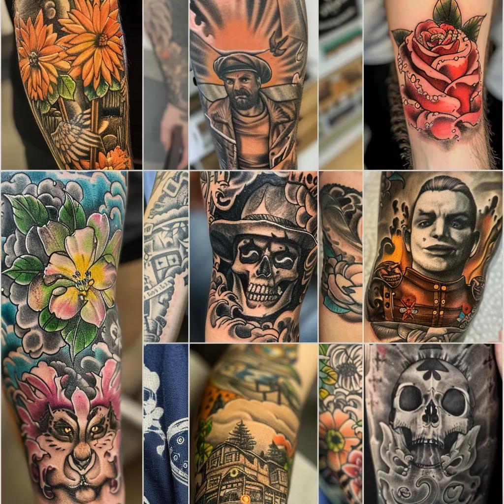 Collage of popular tattoo styles including realism and traditional American designs, reflecting the diversity of tattoo art in Hot Springs
