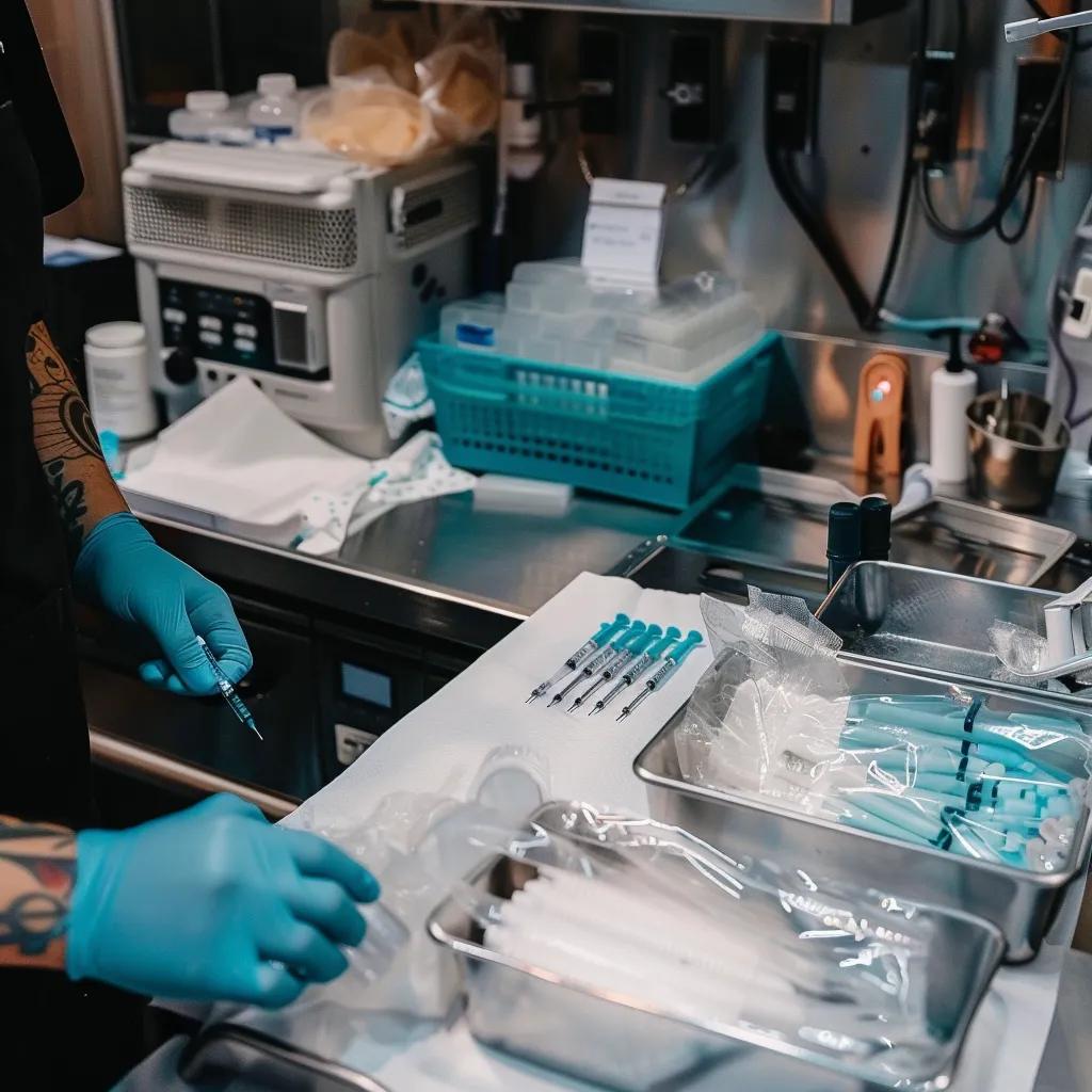 Sterile tattoo station with medical equipment and a tattoo artist preparing, showcasing hygiene standards in Arkansas tattoo shops
