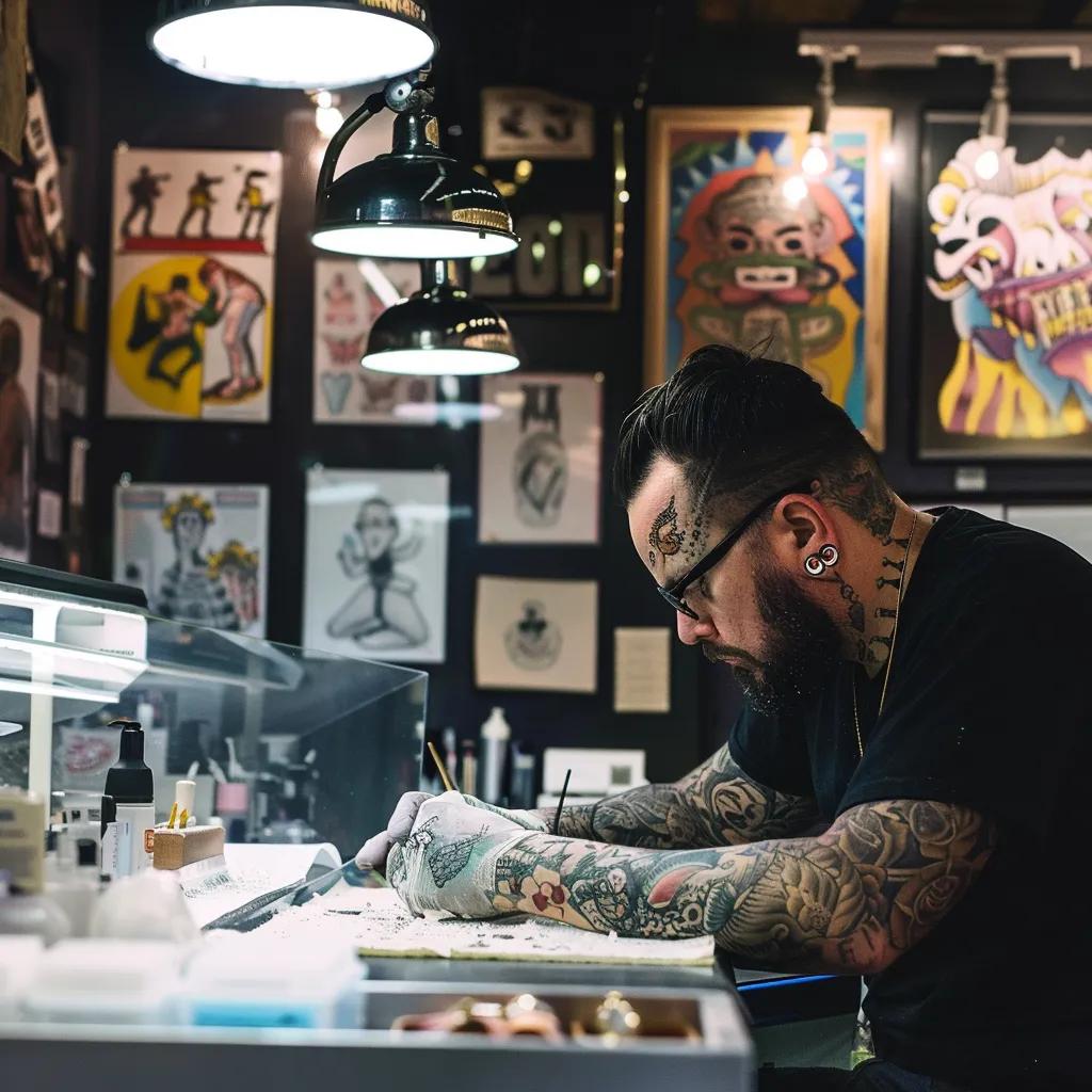 Tattoo artist creating a custom design in a modern studio, highlighting the artistry and professionalism of tattoo shops