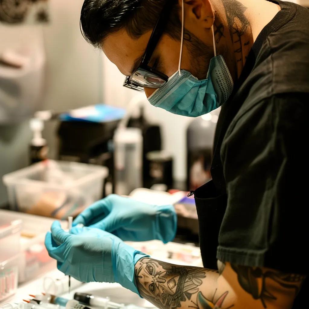 Tattoo artist preparing a clean workspace with sterilization equipment and single-use needles