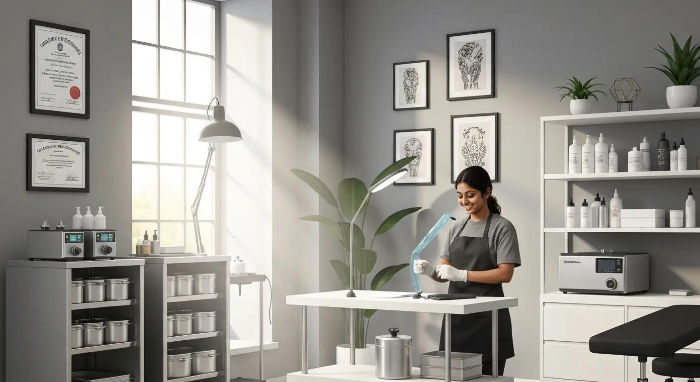Clean tattoo studio with health certifications, highlighting the importance of licensed tattoo artists