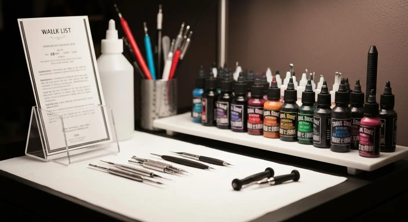 Walk-in tattoo supplies including ink bottles, tattoo needles, and a walk-in policy sign, reflecting the tattooing services offered at Spa City Ink in Arkansas.