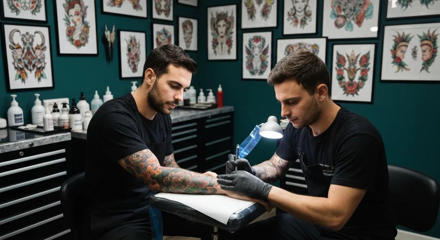 Tattoo artist applying ink on a client's arm in a professional studio with vibrant tattoo designs displayed on the walls, highlighting walk-in tattoo services in Arkansas.