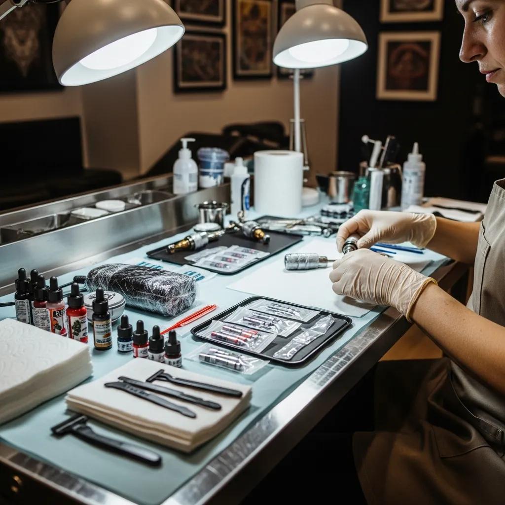 Clean tattoo station with sterilized equipment and a tattoo artist preparing for a session
