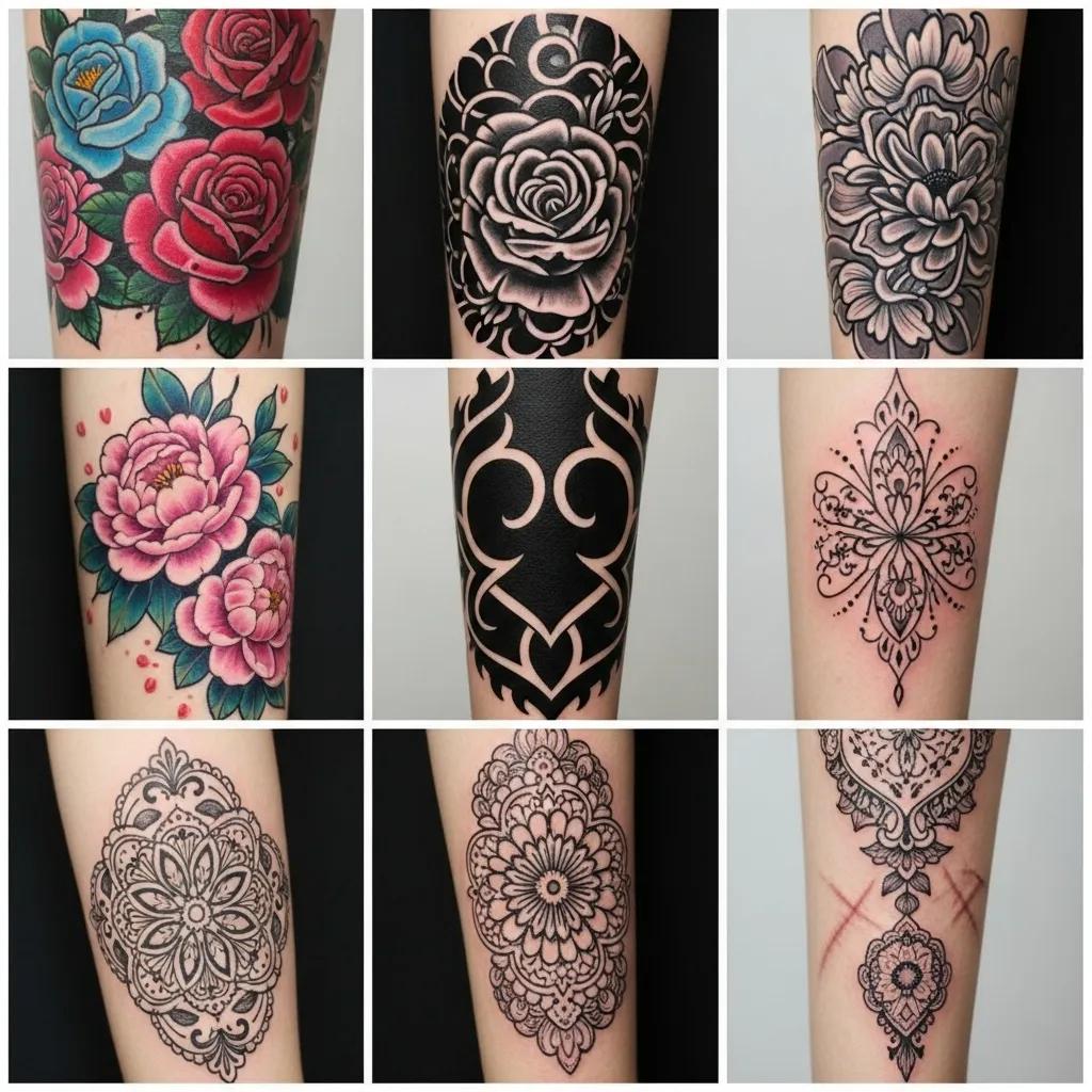 Collage of popular tattoo cover-up designs including floral, blackout, and scar cover-ups, showcasing creative transformation options