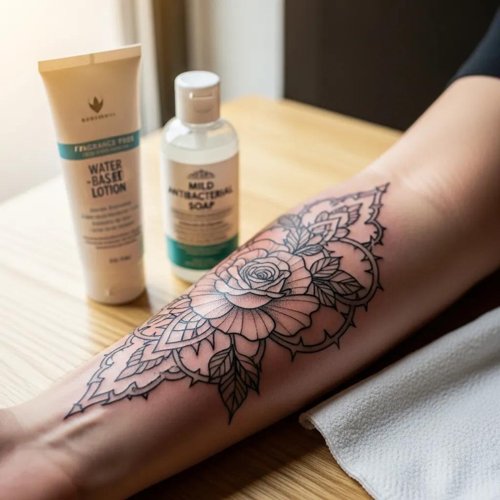 Freshly inked tattoo on an arm with aftercare products, emphasizing the importance of tattoo care in Arkadelphia