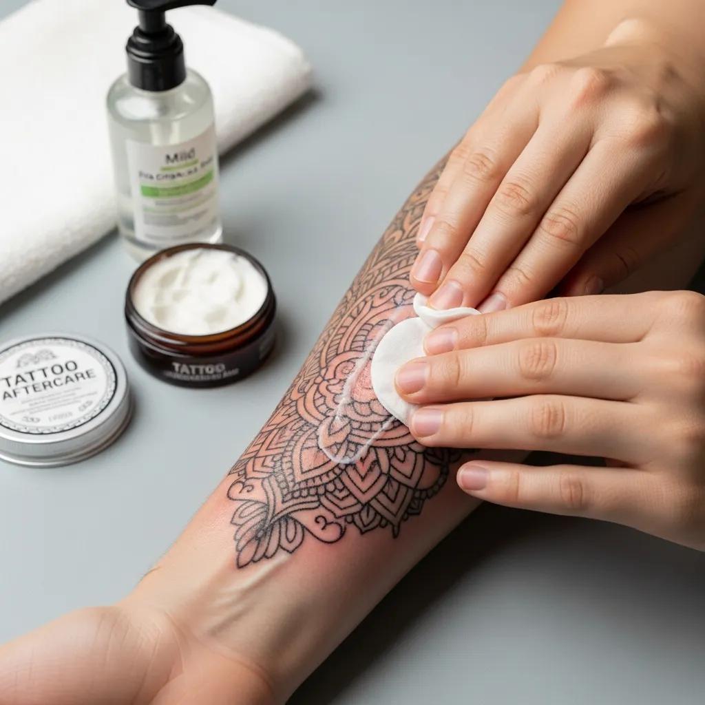 Person cleaning a new tattoo with aftercare products in a calm setting