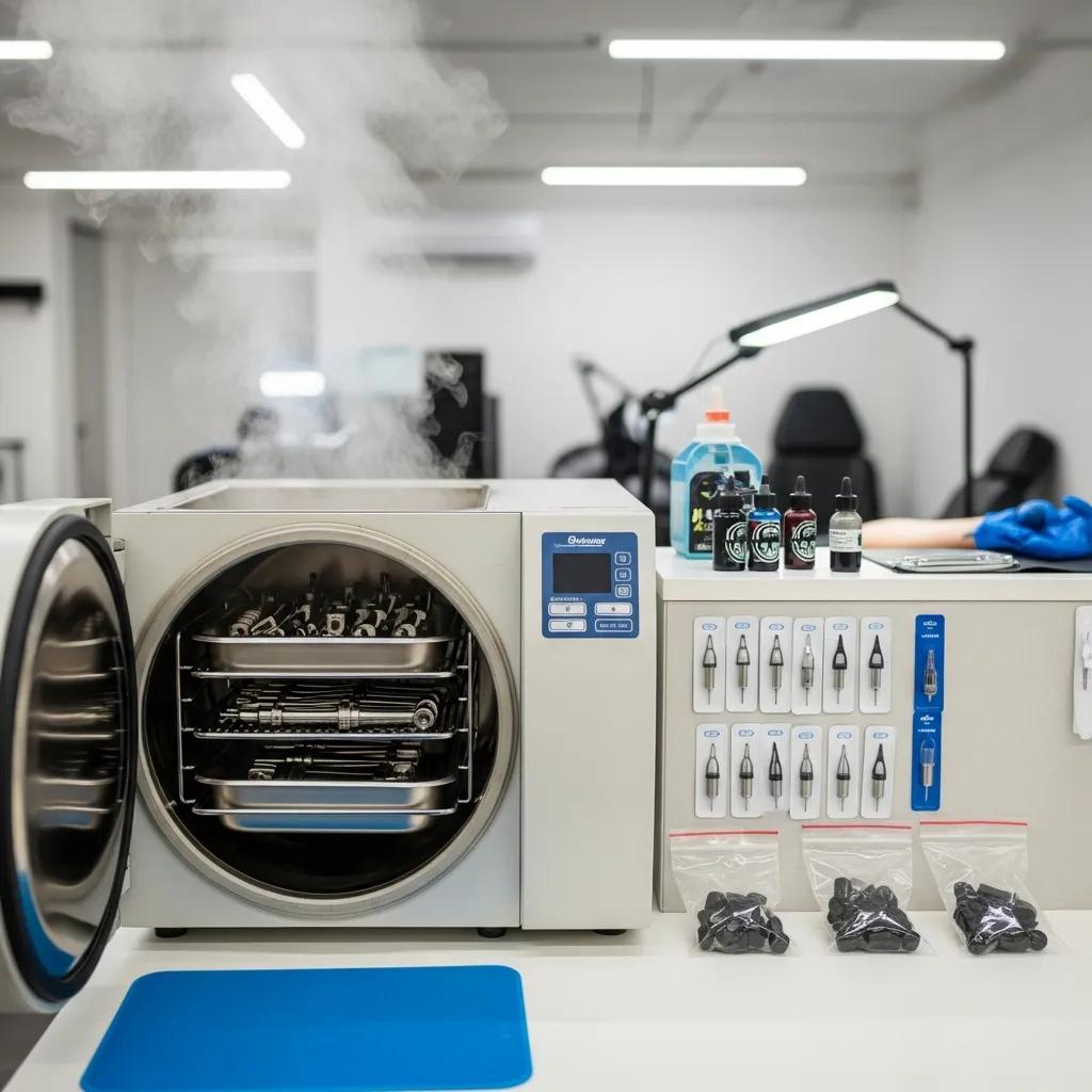 Sterilization of tattoo equipment in a clean studio, emphasizing hygiene and safety protocols