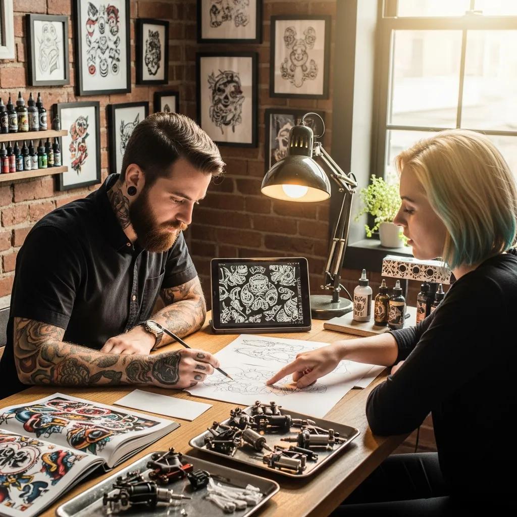 Tattoo artist consulting with a client on custom tattoo design in a creative studio setting